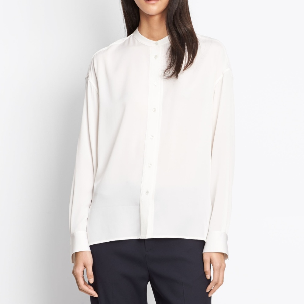 Stretch Silk Pintuck Placket Blouse in White